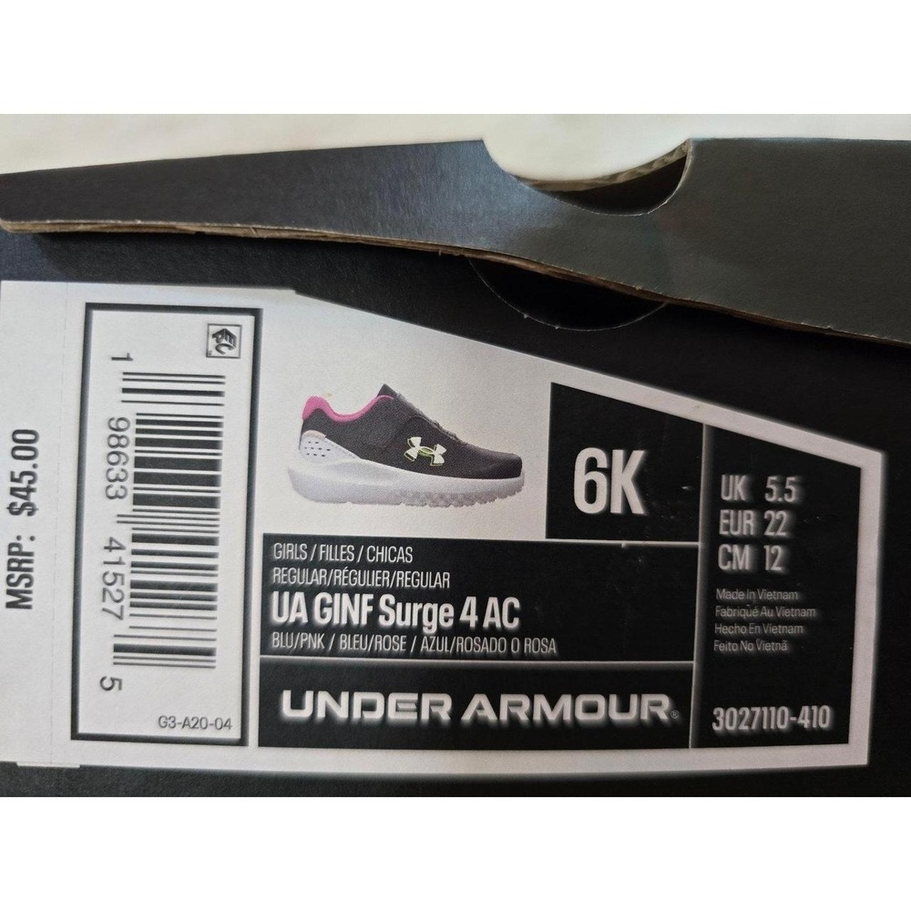 NWT Under Armour Girls Infant Surge 4 AC Running Shoes Blue Pink 6K 3027110-410 - Picture 5 of 5